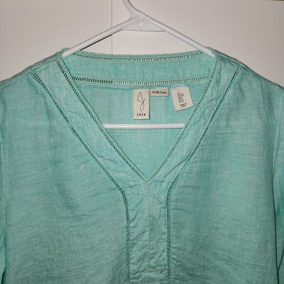 Joie 100% Linen 3/4 Sleeve V-Neck Aqua Pullover Womens Top Blouse Small Coastal - Picture 3 of 14